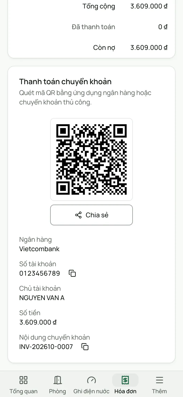 Hóa đơn trên điện thoại: số tiền còn nợ và mã VietQR cùng ngân hàng, số tài khoản, số tiền và nội dung chuyển khoản.