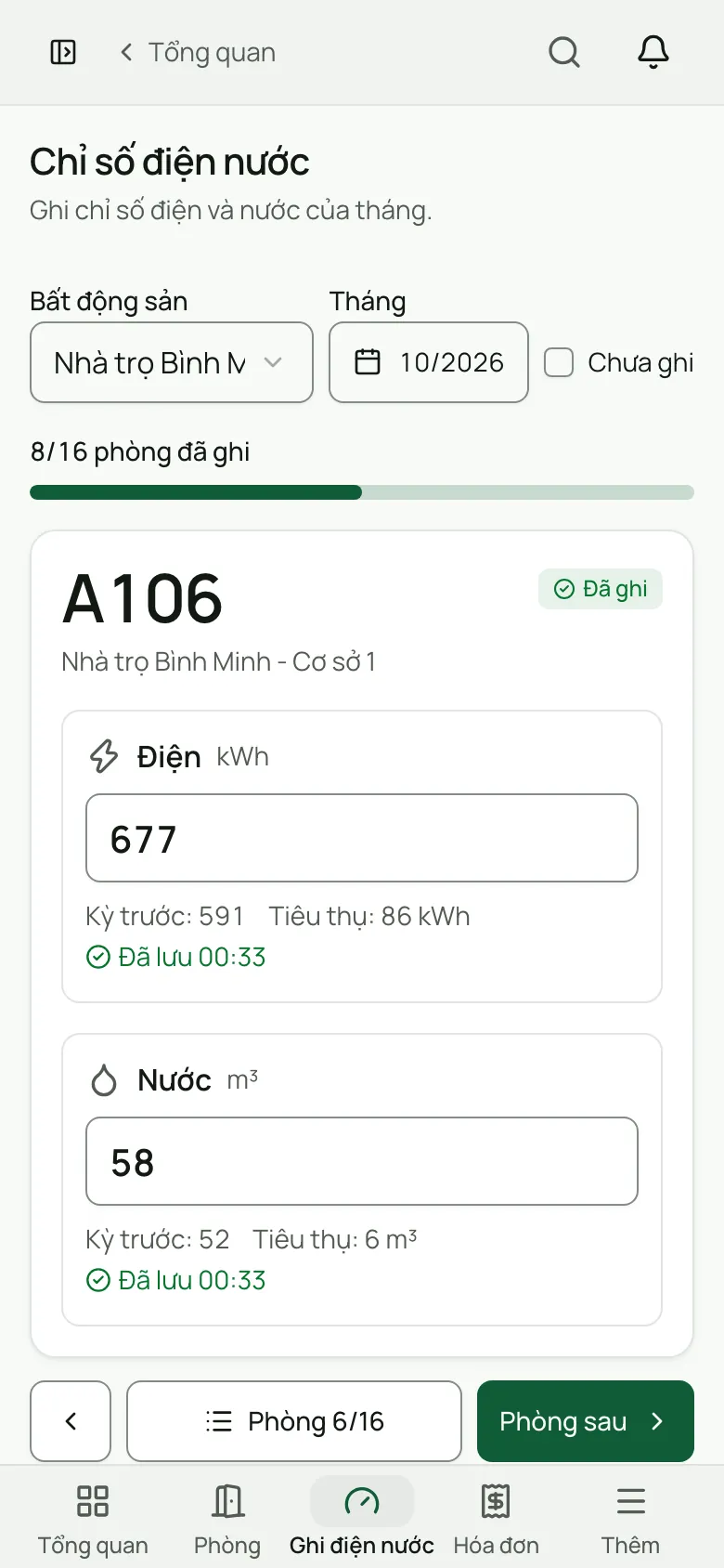 Trang ghi chỉ số trên điện thoại: một phòng đã lưu chỉ số điện và nước.