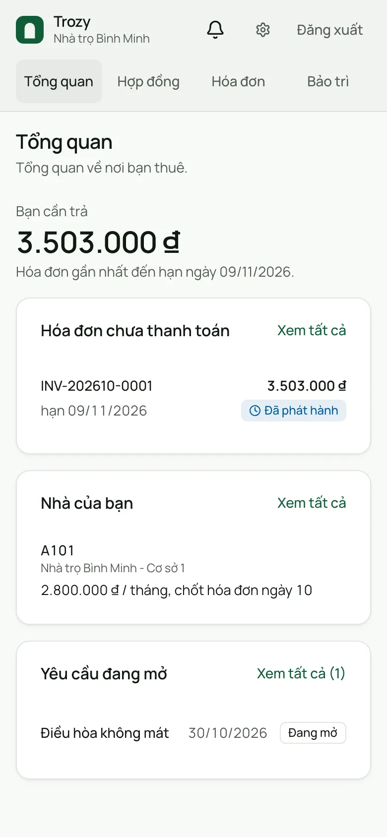 Cổng thông tin người thuê trên điện thoại: phòng đang thuê, một hóa đơn chưa thanh toán và một yêu cầu bảo trì đang mở.